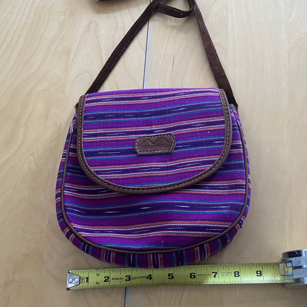 Vibrant Purple Striped Crossbody Bag‎ with Brown Trim